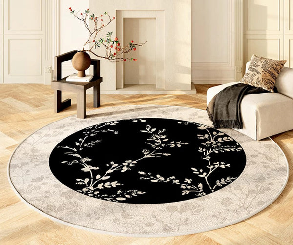 Contemporary Round Rugs for Dining Room, Flower Pattern Round Carpets under Coffee Table, Circular Modern Rugs for Living Room, Modern Area Rugs for Bedroom-HomePaintingDecor