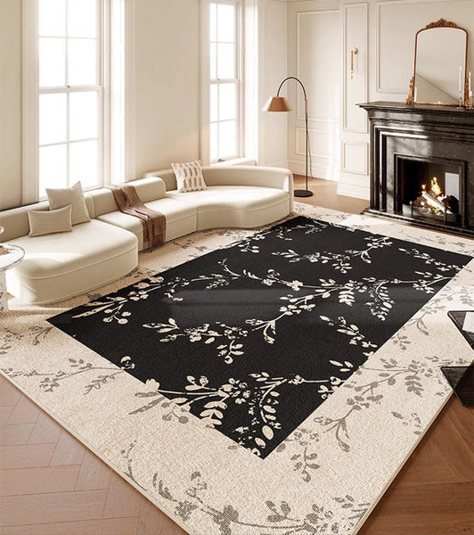 Contemporary Floor Carpets for Living Room, Large Modern Rugs for Sale, Dining Room Modern Rugs, Black Flower Pattern Geometric Modern Rugs in Bedroom-HomePaintingDecor