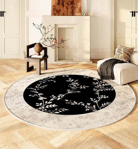 Contemporary Round Rugs for Dining Room, Flower Pattern Round Carpets under Coffee Table, Circular Modern Rugs for Living Room, Modern Area Rugs for Bedroom-HomePaintingDecor