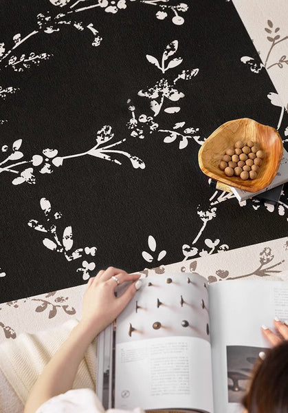 Contemporary Floor Carpets for Living Room, Large Modern Rugs for Sale, Dining Room Modern Rugs, Black Flower Pattern Geometric Modern Rugs in Bedroom-HomePaintingDecor