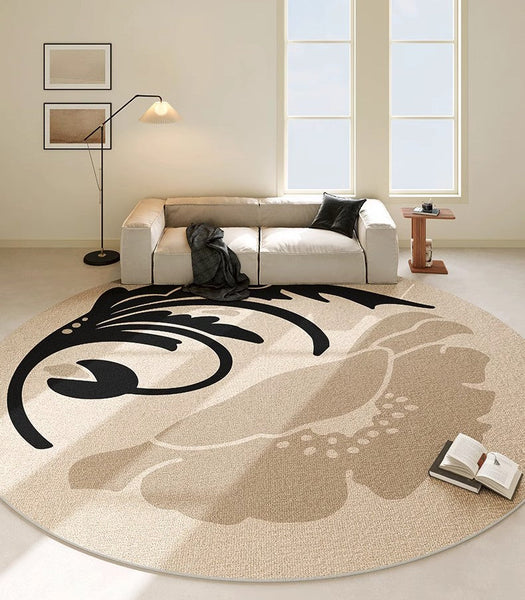 Dining Room Round Rugs, Modern Area Rugs under Coffee Table, Round Modern Rugs, Flower Pattern Abstract Contemporary Area Rugs, Modern Rugs in Bedroom-HomePaintingDecor