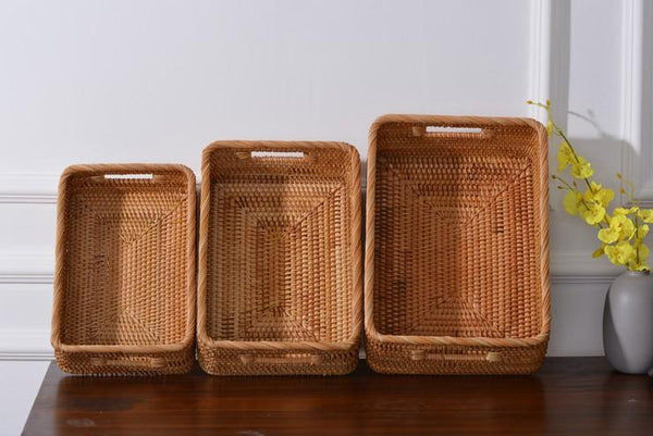Woven Rectangular Basket with Handle, Rattan Storage Basket for Shelves, Woven Storage Baskets for Bathroom-HomePaintingDecor