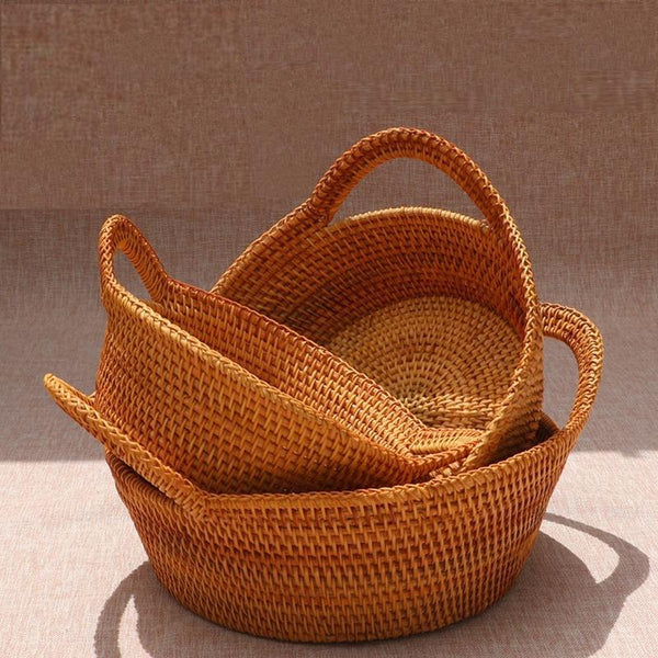 Woven Round Storage Basket, Storage Baskets for Kitchen, Rattan Storage Basket with Handle, Storage Basket for Dining Room, Set of 3-HomePaintingDecor