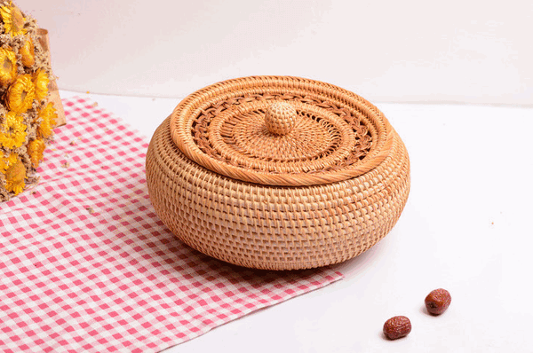 Woven Storage Basket with Lid, Lovely Rattan Round Storage Basket, Round Storage Basket for Kitchen-HomePaintingDecor