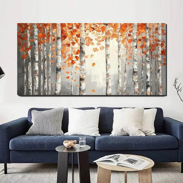 Large Wall Art for Bedroom, Modern Paintings for Living Room, Acrylic Painting on Canvas, Palette Knife Canvas Art, Autumn Birch Tree Painting, Original Canvas Art-HomePaintingDecor