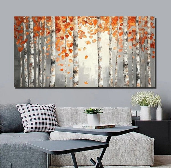 Large Wall Art for Bedroom, Modern Paintings for Living Room, Acrylic Painting on Canvas, Palette Knife Canvas Art, Autumn Birch Tree Painting, Original Canvas Art-HomePaintingDecor