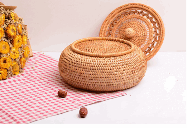 Woven Storage Basket with Lid, Rattan Round Storage Basket, Storage Basket for Kitchen, Picnic Storage Basket-HomePaintingDecor