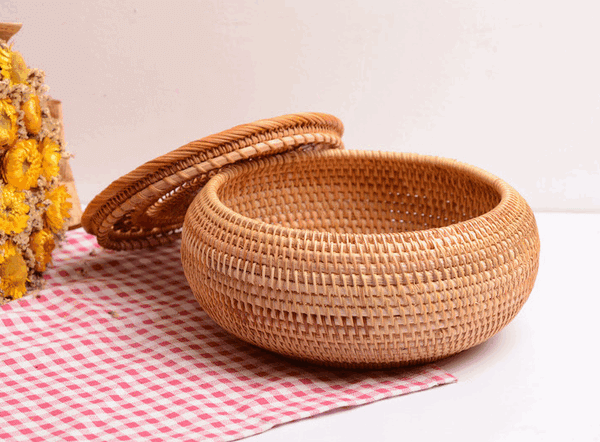 Woven Storage Basket with Lid, Rattan Round Storage Basket, Storage Basket for Kitchen, Picnic Storage Basket-HomePaintingDecor