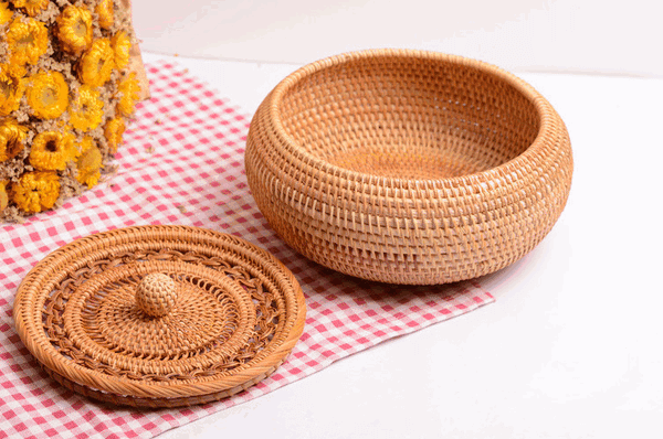 Woven Storage Basket with Lid, Rattan Round Storage Basket, Storage Basket for Kitchen, Picnic Storage Basket-HomePaintingDecor