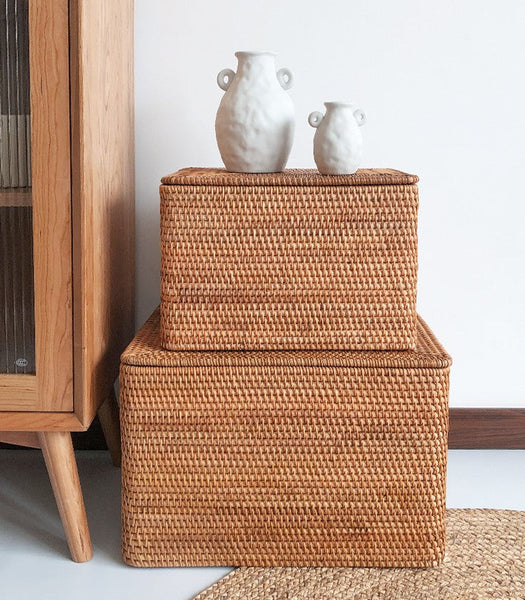 Storage Baskets with Lid, Rectangular Storage Baskets, Storage Baskets for Clothes, Pantry Storage Baskets, Rattan Woven Storage Basket for Bedroom-HomePaintingDecor