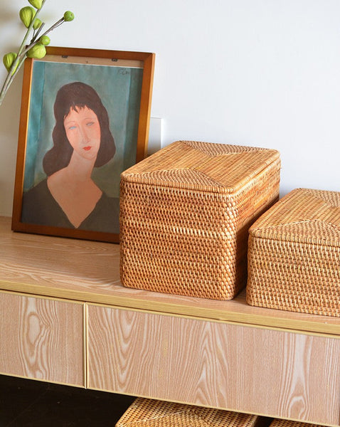Storage Baskets with Lid, Rectangular Storage Baskets, Storage Baskets for Clothes, Pantry Storage Baskets, Rattan Woven Storage Basket for Bedroom-HomePaintingDecor