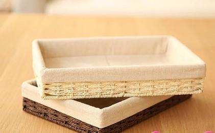 Woven Straw Storage Basket with Linen Lining, Storage Basket for Food, Rectangle Storage Basket for Kitchen-HomePaintingDecor