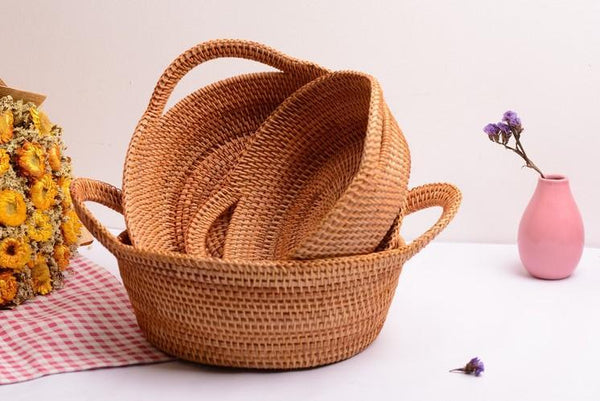 Woven Round Storage Basket, Storage Baskets for Kitchen, Rattan Storage Basket with Handle, Storage Basket for Dining Room, Set of 3-HomePaintingDecor