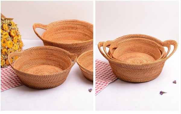 Woven Round Storage Basket, Storage Baskets for Kitchen, Rattan Storage Basket with Handle, Storage Basket for Dining Room, Set of 3-HomePaintingDecor