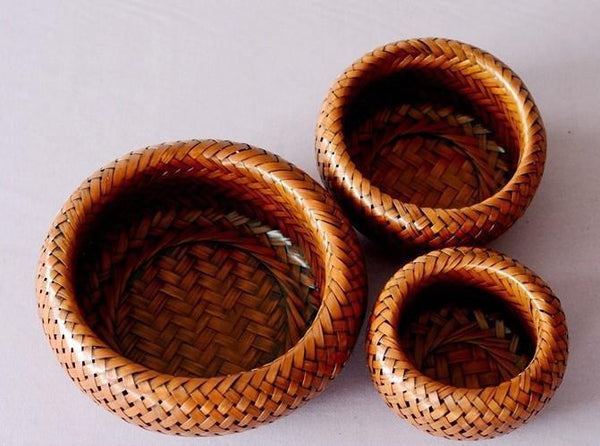 Woven Snacks Basket, Bamboo Storage Basket, Farmhouse Small Storage Basket, Round Storage Basket for Kitchen, Set of 3-HomePaintingDecor