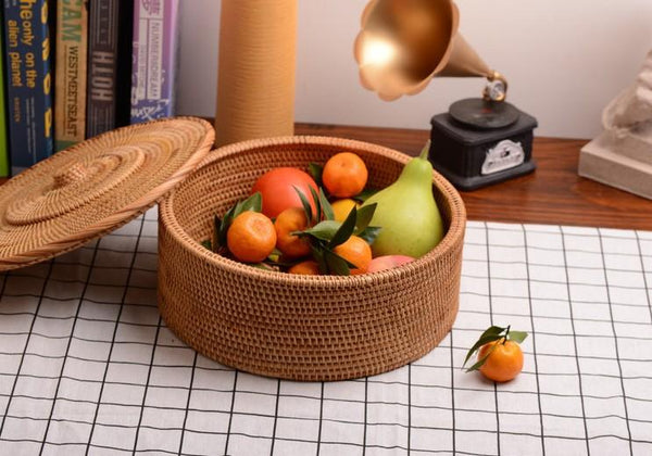 Woven Storage Basket with Lid, Large Rattan Storage Basket, Woven Round Basket for Kitchen-HomePaintingDecor