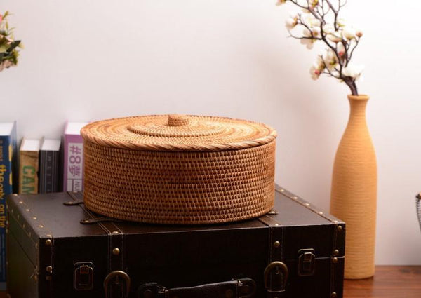 Woven Storage Basket with Lid, Large Rattan Baskets, Round Basket for Kitchen, Storage Baskets for Shelves-HomePaintingDecor