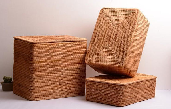 Woven Rattan Baskets, Rectangular Basket with Lid, Rectangular Storage Baskets, Storage Basket for Bedroom, Kitchen Storage Baskets-HomePaintingDecor