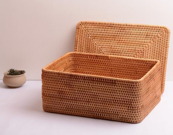Woven Rattan Baskets, Rectangular Basket with Lid, Rectangular Storage Baskets, Storage Basket for Bedroom, Kitchen Storage Baskets-HomePaintingDecor
