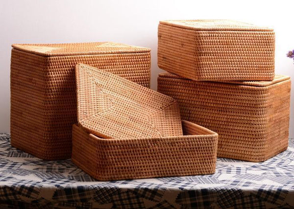 Woven Rattan Baskets, Rectangular Basket with Lid, Rectangular Storage Baskets, Storage Basket for Bedroom, Kitchen Storage Baskets-HomePaintingDecor