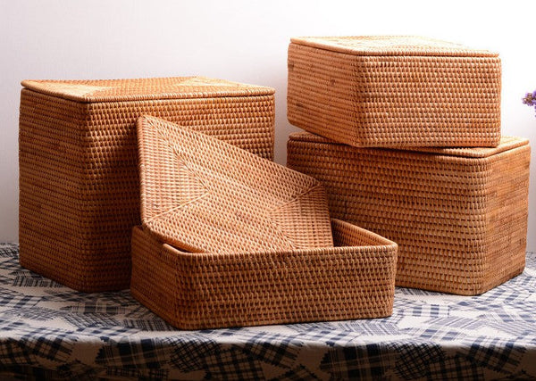 Storage Baskets with Lid, Rectangular Storage Baskets, Storage Baskets for Clothes, Pantry Storage Baskets, Rattan Woven Storage Basket for Bedroom-HomePaintingDecor