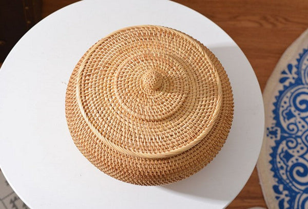 Woven Storage Basket for Kitchen, Round Storage Basket, Rattan Baskets, Small Storage Baskets, Handmade Storage Baskets, Round Storage Basket with Lid-HomePaintingDecor