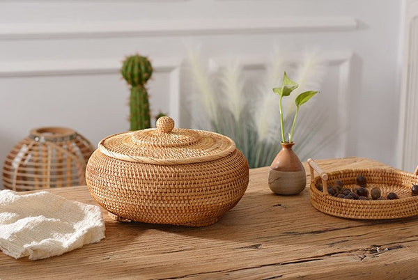 Woven Storage Basket for Kitchen, Round Storage Basket, Rattan Baskets, Small Storage Baskets, Handmade Storage Baskets, Round Storage Basket with Lid-HomePaintingDecor