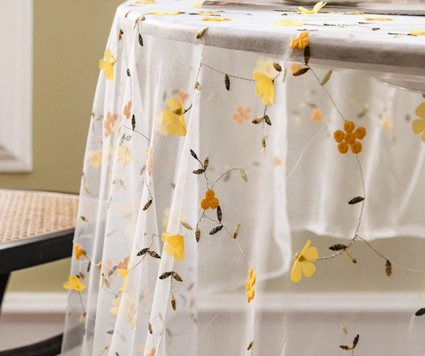 Yellow Flower Lace Tablecloths, Extra Large Rectangular Tablecloth for Oval Table, Lace Embroidered Table Covers, Rectangular Table Covers for Coffee Table-HomePaintingDecor
