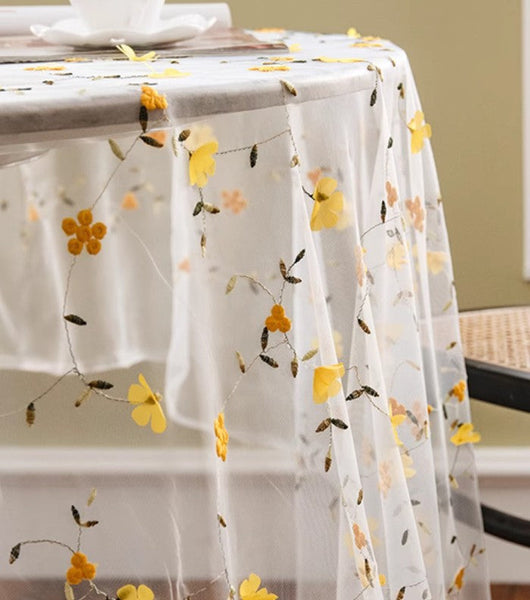 Yellow Flower Lace Tablecloths, Extra Large Rectangular Tablecloth for Oval Table, Lace Embroidered Table Covers, Rectangular Table Covers for Coffee Table-HomePaintingDecor