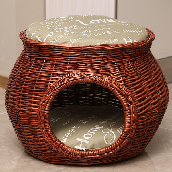 Wicker Cat House Basket with Washable Cushion for Indoor Cats and Dogs, Rattan Cat Bed-HomePaintingDecor