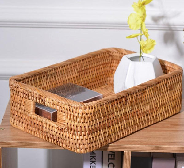 Woven Rectangular Basket with Handle, Rattan Storage Basket for Shelves, Woven Storage Baskets for Bathroom-HomePaintingDecor