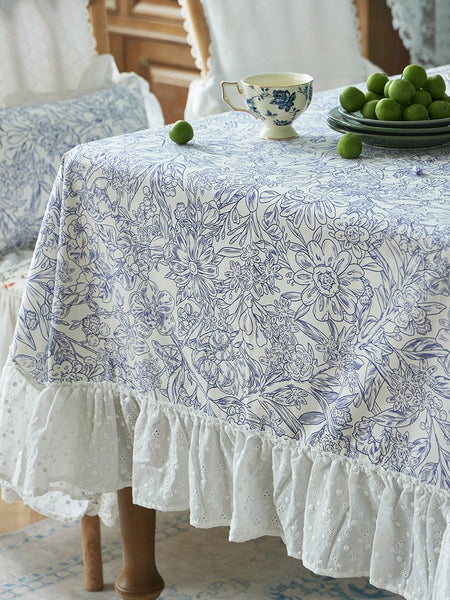 Cotton Rectangle Tablecloth for Dining Room Table, Natural Spring Farmhouse Table Cloth, Blue Flower Pattern Cotton Tablecloth, Square Tablecloth for Round Table-HomePaintingDecor