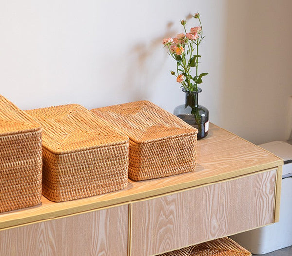 Woven Storage Baskets, Rectangular Storage Basket with Lid, Large Storage Basket for Clothes, Storage Baskets for Shelves, Kitchen Storage Baskets-HomePaintingDecor