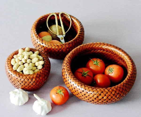 Woven Snacks Basket, Bamboo Storage Basket, Farmhouse Small Storage Basket, Round Storage Basket for Kitchen, Set of 3-HomePaintingDecor