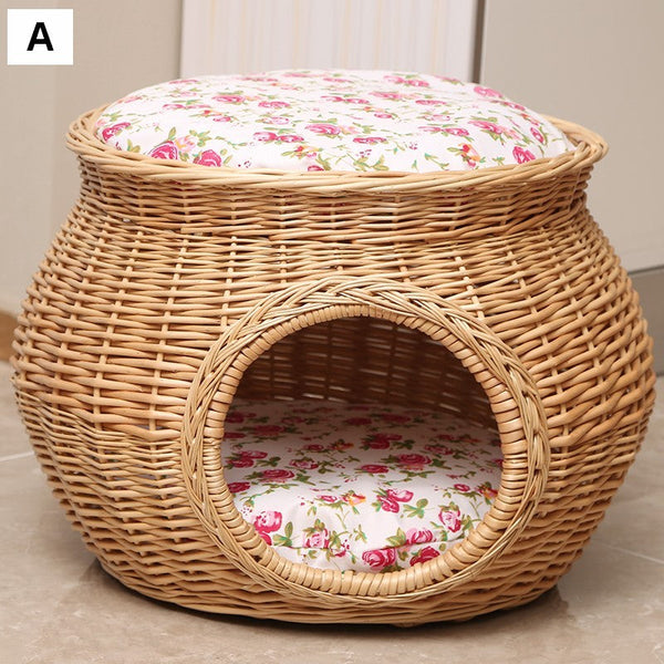 Wicker Cat House Basket with Washable Cushion for Indoor Cats and Dogs, Rattan Cat Bed-HomePaintingDecor