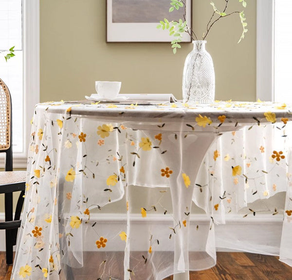 Yellow Flower Lace Tablecloths, Extra Large Rectangular Tablecloth for Oval Table, Lace Embroidered Table Covers, Rectangular Table Covers for Coffee Table-HomePaintingDecor