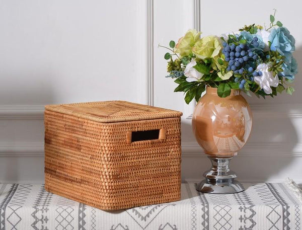 Wicker Rattan Storage Basket for Shelves, Storage Baskets for Bedroom, Rectangular Storage Basket with Lid, Pantry Storage Baskets-HomePaintingDecor