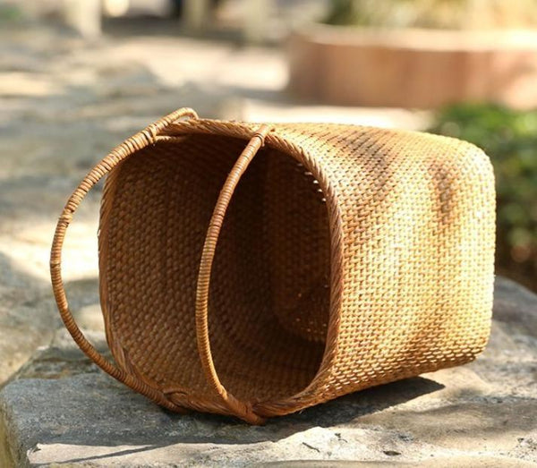Woven Rattan Storage Basket with Handle, Storage Basket for Picnic, Fruit Storage Basket, Kitchen Storage Basekt-HomePaintingDecor