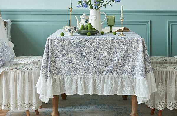 Cotton Rectangle Tablecloth for Dining Room Table, Natural Spring Farmhouse Table Cloth, Blue Flower Pattern Cotton Tablecloth, Square Tablecloth for Round Table-HomePaintingDecor
