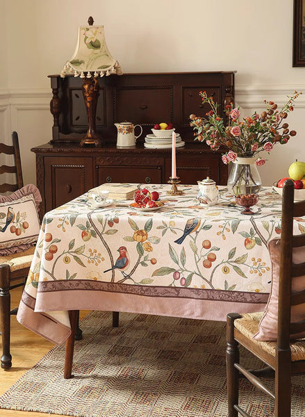 Bird and Fruit Tree Kitchen Table Cover, Linen Table Cover for Dining Room Table, Tablecloth for Round Table, Simple Modern Rectangle Tablecloth Ideas for Oval Table-HomePaintingDecor