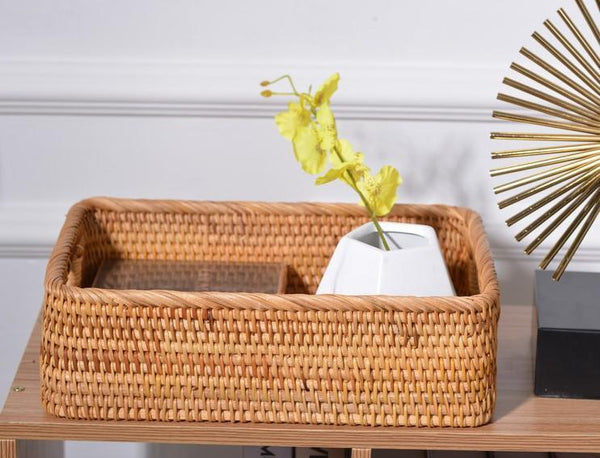Woven Rectangular Basket with Handle, Rattan Storage Basket for Shelves, Woven Storage Baskets for Bathroom-HomePaintingDecor