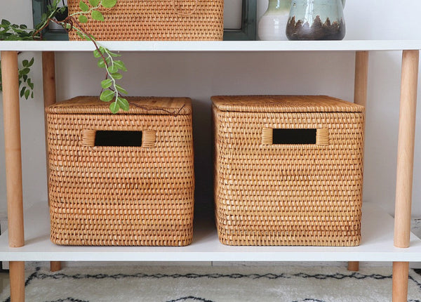 Wicker Rattan Storage Basket for Shelves, Storage Baskets for Bedroom, Rectangular Storage Basket with Lid, Pantry Storage Baskets-HomePaintingDecor