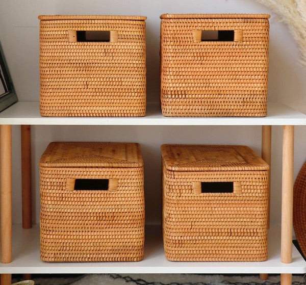 Wicker Rectangular Storage Basket with Lid, Extra Large Storage Baskets for Clothes, Kitchen Storage Baskets, Oversized Storage Baskets for Bedroom-HomePaintingDecor