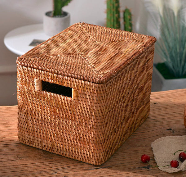 Wicker Rectangular Storage Basket with Lid, Extra Large Storage Baskets for Clothes, Kitchen Storage Baskets, Oversized Storage Baskets for Bedroom-HomePaintingDecor