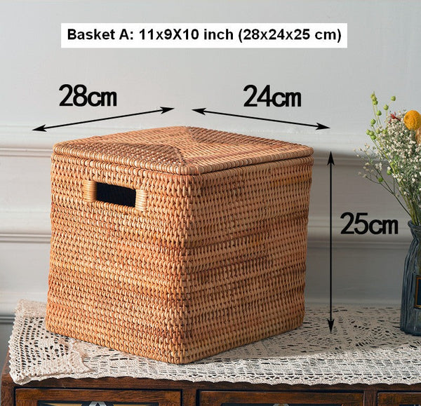 Wicker Rattan Storage Basket for Shelves, Storage Baskets for Bedroom, Rectangular Storage Basket with Lid, Pantry Storage Baskets-HomePaintingDecor