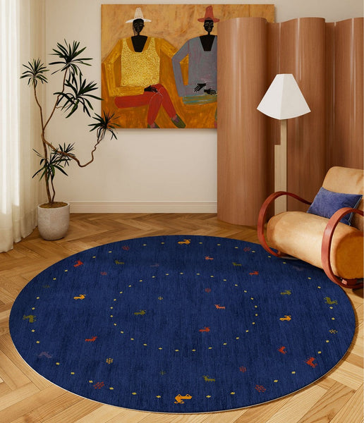 Blue Circular Modern Rugs for Bathroom, Geometric Modern Rug Ideas for Living Room, Modern Rugs for Children's Room, Abstract Contemporary Round Rugs for Dining Room-HomePaintingDecor