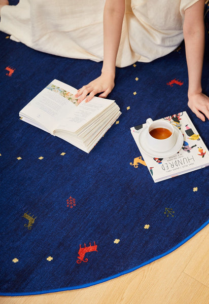 Blue Circular Modern Rugs for Bathroom, Geometric Modern Rug Ideas for Living Room, Modern Rugs for Children's Room, Abstract Contemporary Round Rugs for Dining Room-HomePaintingDecor