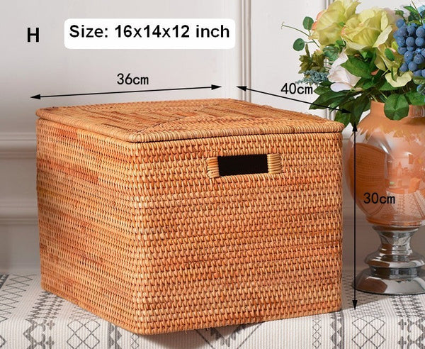 Wicker Rectangular Storage Basket with Lid, Extra Large Storage Baskets for Clothes, Kitchen Storage Baskets, Oversized Storage Baskets for Bedroom-HomePaintingDecor