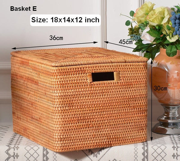 Wicker Rattan Storage Basket for Shelves, Storage Baskets for Bedroom, Rectangular Storage Basket with Lid, Pantry Storage Baskets-HomePaintingDecor