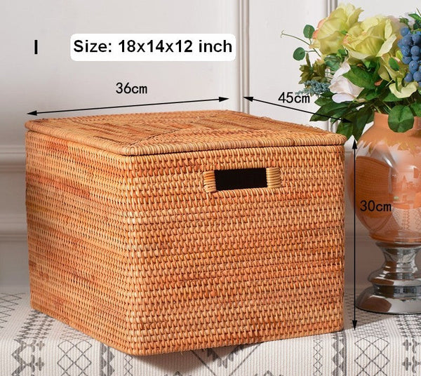Wicker Rectangular Storage Basket with Lid, Extra Large Storage Baskets for Clothes, Kitchen Storage Baskets, Oversized Storage Baskets for Bedroom-HomePaintingDecor